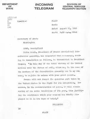 Telegram from Fullerton to Secrertary of State James Byrnes