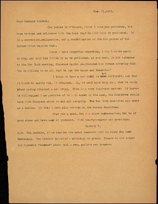 Bartolomeo Vanzetti typed letter (copy) to Mary Donovan, [Charlestown], 21 November 1926