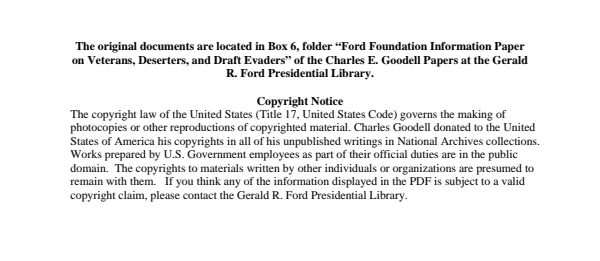 Ford Foundation Information Paper on Veterans, Deserters, and Draft Evaders