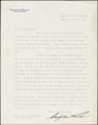 Busch, Adolphus, 1839-1913 typed letter signed to Hugo Münsterberg, St. Louis, 13 December 1909
