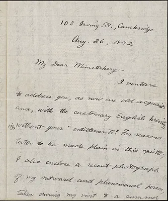 Royce, Josiah, 1855-1916 autograph letter signed to Hugo Münsterberg, Cambridge, Mass., 26 August 1892