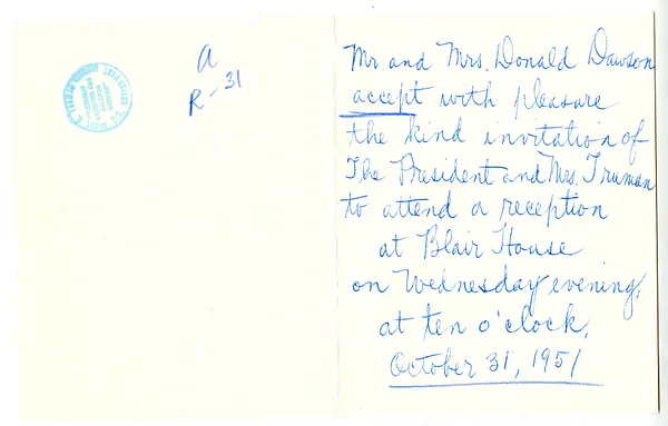 Invitation Reply from Mr. and Mrs. Donald Dawson to the White House Social Office