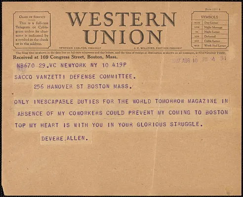 Devere Allen telegram to Sacco-Vanzetti Defense Committee, New York, N.Y., August 10, 1927