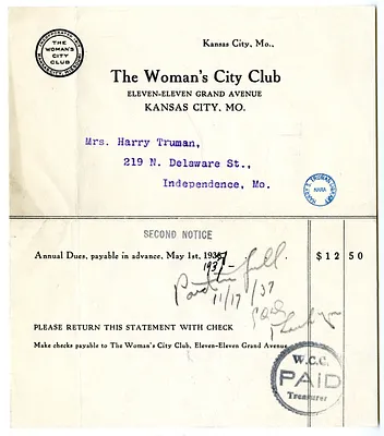 Annual Dues Statement from Women's City Club to Bess W. Truman