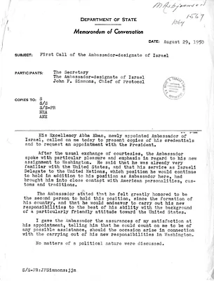 Memorandum of Conversation with Secretary of State Dean Acheson and Ambassador of Israel Abba Eban