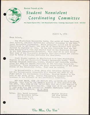 Letter requesting members contacting Governor Lawrence and Maurice Donahue about supporting the Mississippi Freedom Democratic Party