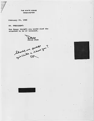 Notes Between David Chew and Ronald Reagan, Regarding United Airlines' Role Following Space Shuttle Challenger Accident