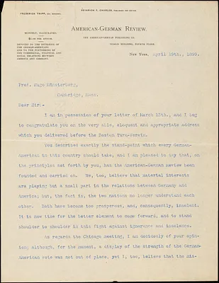 Charles, Heinrich F., fl. 1899 typed letter signed to Hugo Münsterberg, New York, 19 April 1899