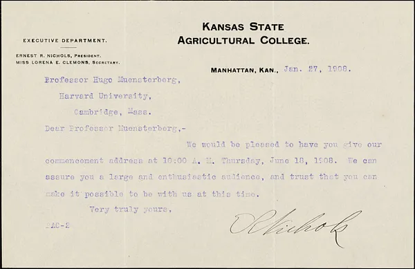 Nichols, Ernest R. typed note signed to Hugo Münsterberg, Manhattan, Kan., 27 January 1908