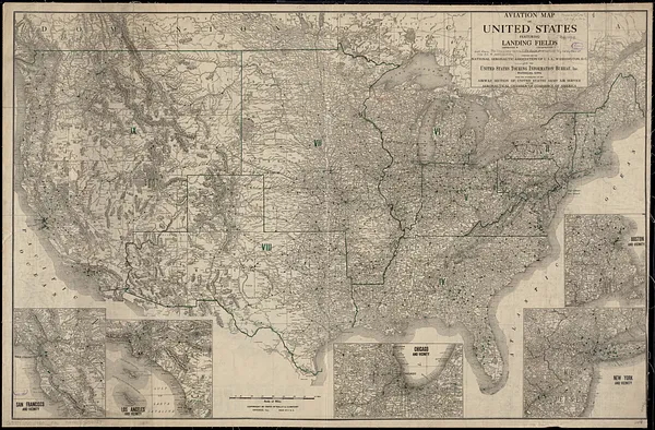 Aviation map of United States : featuring landing fields, improved, unimproved