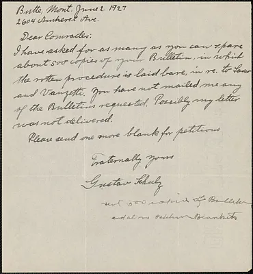 Gustav Schulz autograph note signed to Sacco-Vanzetti Defense Committee, Butte, Mont., June 2, 1927
