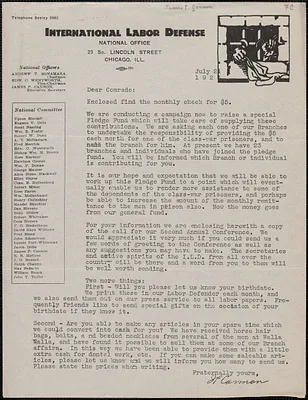J. P. Cannon (International Labor Defense) typed letter (circular), Chicago, Ill., July 24, 1926