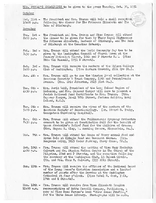 Press Release, Engagements of First Lady Bess W. Truman