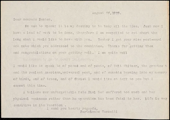 Bartolomeo Vanzetti typed letter (copy) to Irene Benton, [Charlestown], 26 August 1925