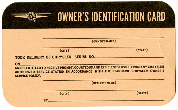 Owner's Identification Card, Chrysler Corporation