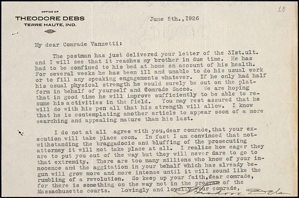 Theodore Debs typed letter signed to Bartolomeo Vanzetti, Terre Haute, Ind., 5 June 1926