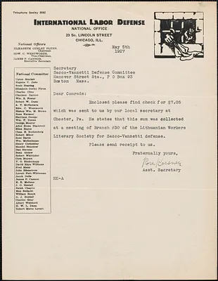 Rose Karsner (International Labor Defense) autograph note signed to Sacco-Vanzetti Defense Committee, Chicago, Ill., May 5, 1927