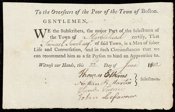 Barnaby Penny indentured to apprentice with Samuel Sewall of Marblehead, 2 July 1802