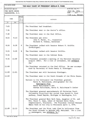 President Gerald R. Ford's Daily Diary, July 30, 1976