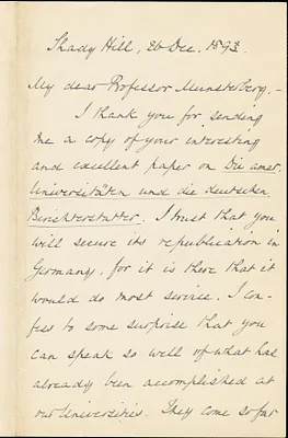 Norton, Charles Eliot, 1827-1908 autograph letter signed to Hugo Münsterberg, Cambridge, Mass., 20 December 1893
