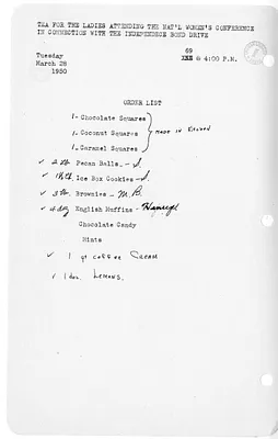 Shopping List for Tea for the Ladies Attending the National Women's Conference in Connection with the Independence Bond Drive