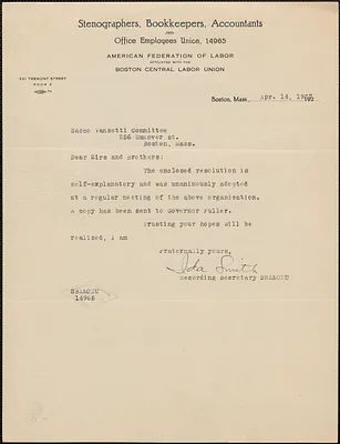 Ida Smith (Stenographers, Bookkeepers, Accountants and Office Employees Union, 19935) typed note signed to Sacco-Vanzetti Defense Committee, Boston, Mass., April 14, 1927