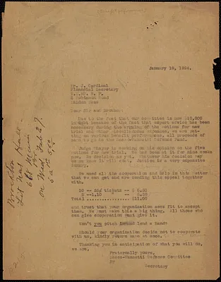 Sacco-Vanzetti Defense Committee typed letter (copy) to J. Cardinal (W.S. & D.B.F.), Boston, Mass., January 18, 1924