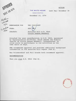 Memorandum to the President from Ken Cole Regarding Enrolled Bill H.R. 8864, Little League Baseball