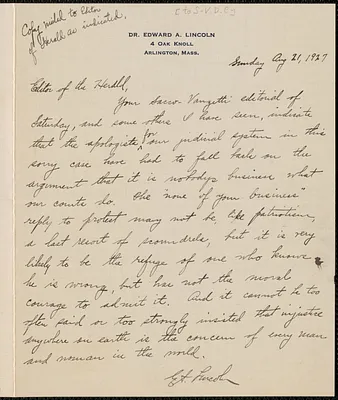 Edward A. Lincoln autograph note to Sacco-Vanzetti Defense Committee, Arlington, Mass., August 21, 1927