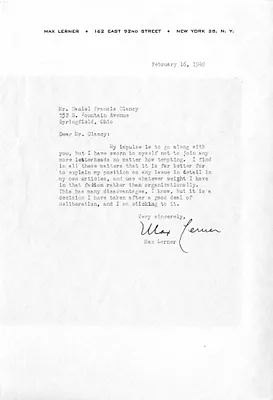 Letter from Max Lerner to Daniel F. Clancy