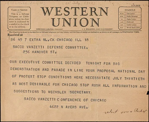 Sacco-Vanzetti Defense Conference telegram to Sacco-Vanzetti Defense Committee, Chicago, Ill., [July 20?, 1927]