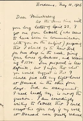 Santayana, George, 1863-1952 autograph letter signed to Hugo Münsterberg, Bordeaux, France, 10 May 1906