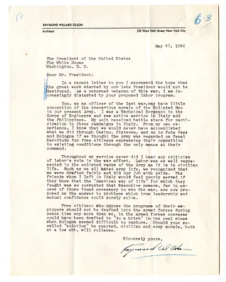 Letter from Raymond Olson to President Harry S. Truman