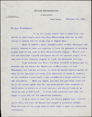 Reisinger, Hugo, 1856-1914 typed letter signed to Hugo Münsterberg, New York, 26 February 1909