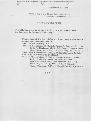 Congressional Participants in meeting with President in Oval Office [Meeting Attendee List]