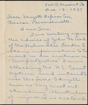 Vera E. McElroy autograph letter signed to Sacco-Vanzetti Defense Committee, Mt. Pleasant, Iowa, December 13, 1927