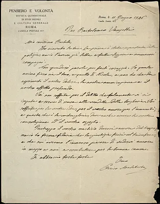 Errico Malatesta typed letter signed to Bartolomeo Vanzetti, Rome, 11 June 1926