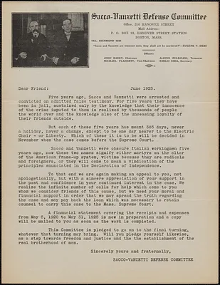 Sacco-Vanzetti Defense Committee typed letter (circular), Boston, Mass., June 1925
