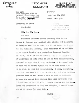 Telegram from Claude G. Bowers to Secrertary of State Edward Stettinius