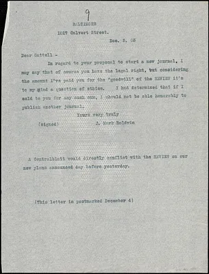 Baldwin, James Mark, 1861-1934 typed letter (copy) to J.Mc. K. Cattell, Princeton, N.J., 5 December 1903