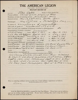 American Legion military record of John Upton