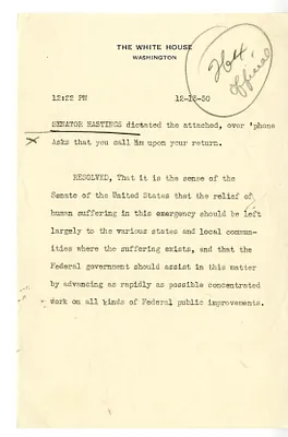 Message from Senator Daniel Hastings to President Herbert Hoover