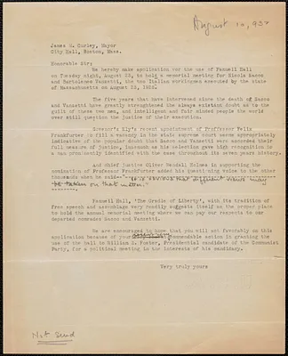 [Aldino Felicani?] typed letter to James M. Curley, [Boston, Mass.], August 10, 1932