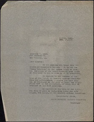 Sacco-Vanzetti Defense Committee typed letter (copy) to Lawrence J. Seco, February 17, 1927