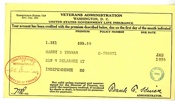 Insurance Premium Notice for Harry S. Truman, United States Veterans Administration