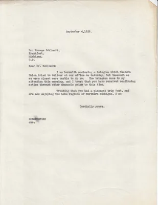 Letters Sent to Dr. Herman Schlundt, September 4, 1928