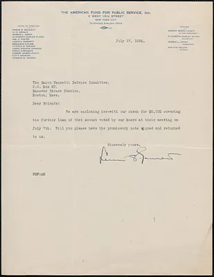 Lewis Gannett (The American Fund for Public Service, Inc.) typed note signed to Sacco-Vanzetti Defense Committee, New York, N.Y., July 17, 1926