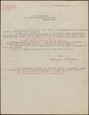 Nunzio Serges typed letter signed, in Italian, to Joseph Moro, Brooklyn, N. Y., September 28, 1927