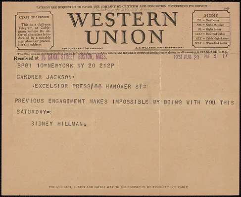 Sidney Hillman telegram to Gardner Jackson, New York, N. Y., August 20, 1931