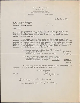 William S. Jackson typed letter signed to Gardner Jackson, Colorado Springs, Colo., July 7, 1927